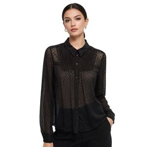 ZARA Black Sheer Swiss Dot Button Up Blouse Size M